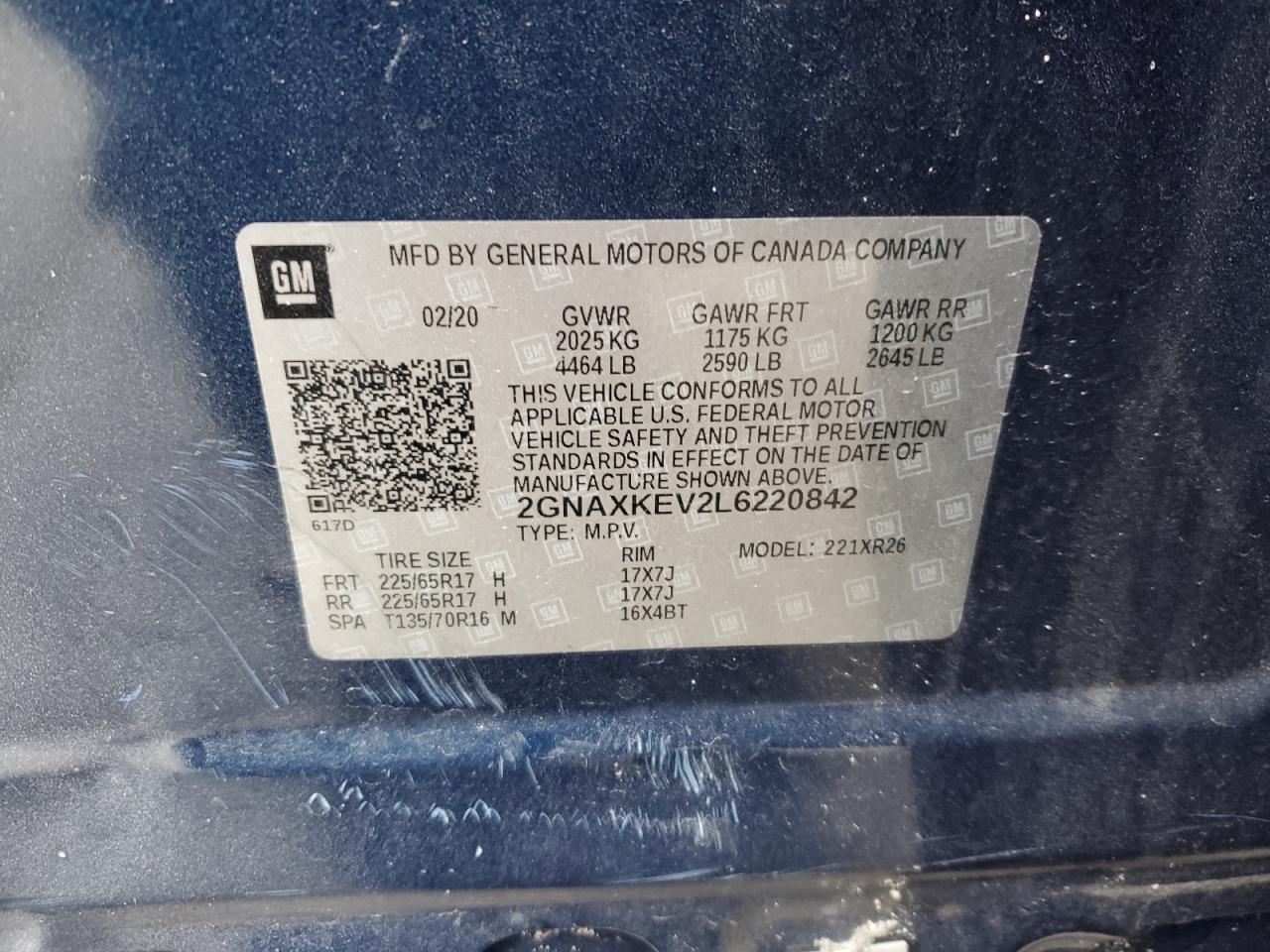 2020 Chevrolet Equinox VIN 2GNAXKEV2L6220842 Copart auction photo, all over damage thumbnail 12