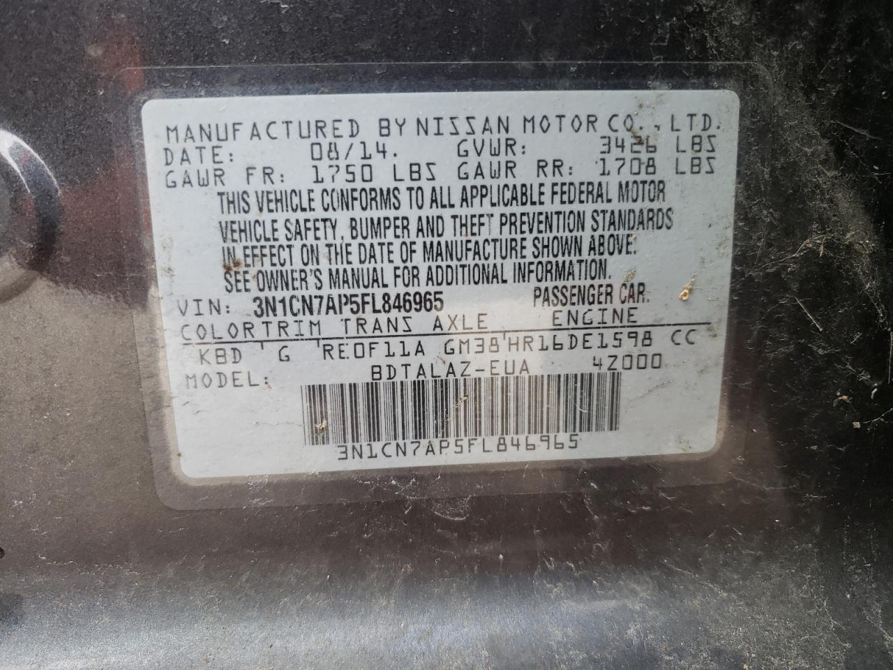 2015 Nissan Versa VIN 3N1CN7AP5FL846965 Copart auction photo, front end damage thumbnail 12