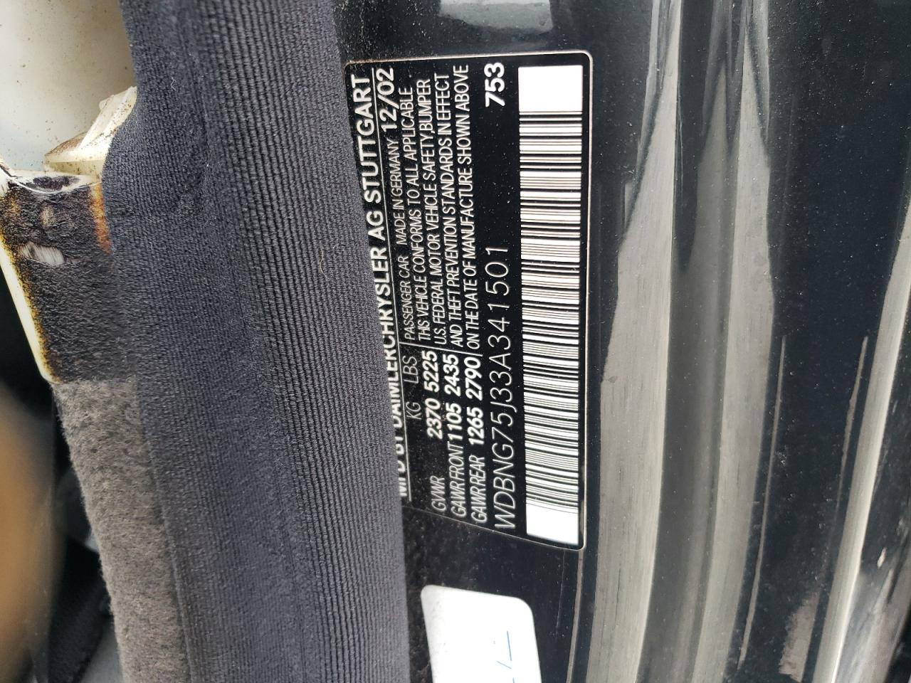 2003 Mercedes-Benz S-klasse VIN WDBNG75J33A341501 Copart auction photo, side / minor dent/scratches damage thumbnail 12