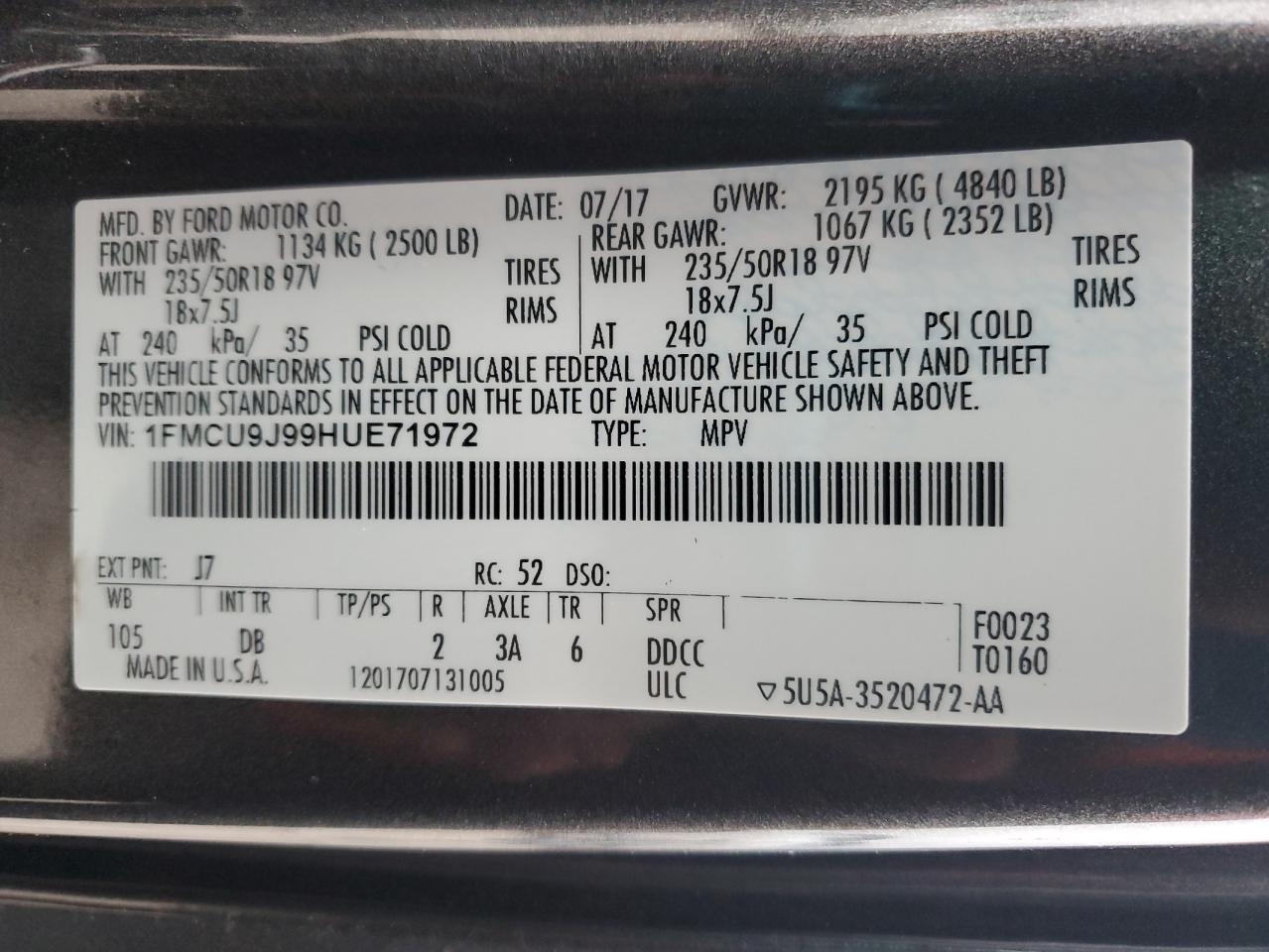 2017 Ford Escape VIN 1FMCU9J99HUE71972 Copart auction photo, front end / minor dent/scratches damage thumbnail 13