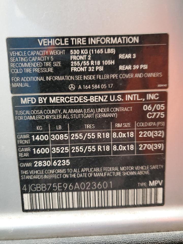 2006 Mercedes-Benz M-klasse VIN 4JGBB75E96A023601 Copart auction photo, minor dent/scratches damage thumbnail 13