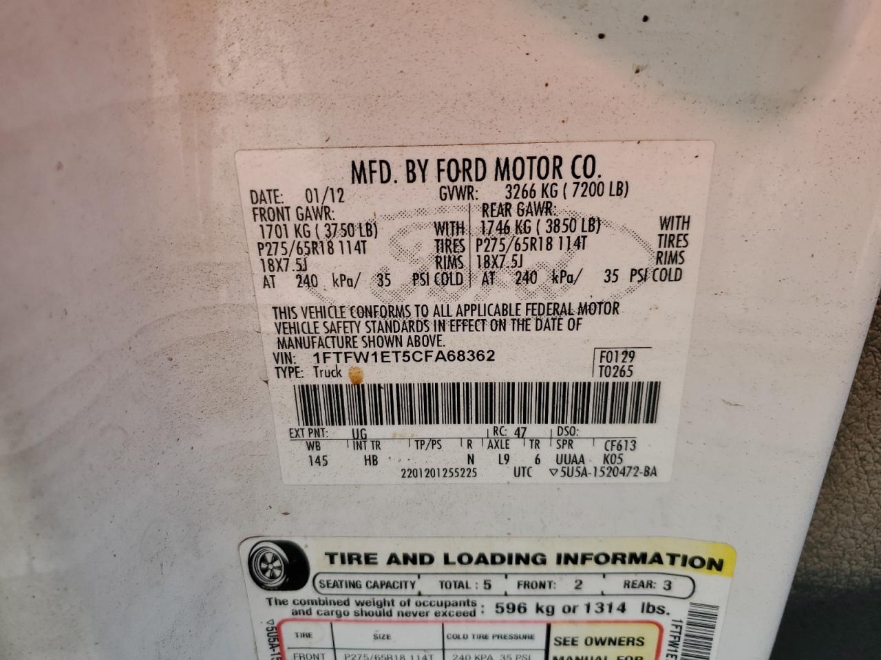 2012 Ford F-150 VIN 1FTFW1ET5CFA68362 Copart auction photo, water/flood / rear end damage thumbnail 13