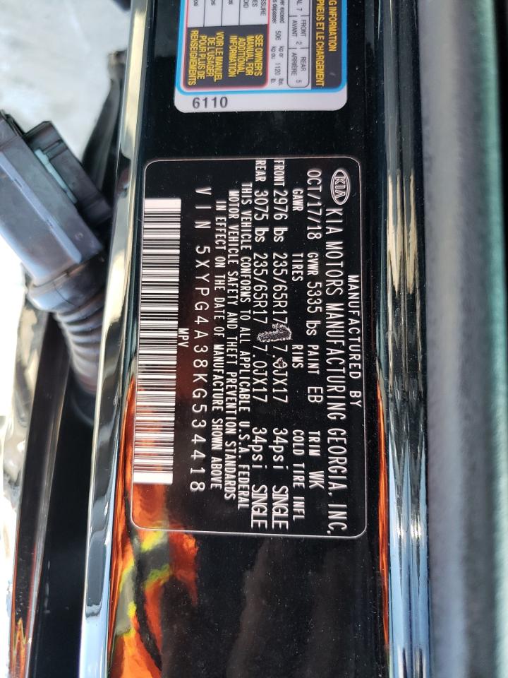 2019 KIA Sorento VIN 5XYPG4A38KG534418 Copart auction photo, all over damage thumbnail 13