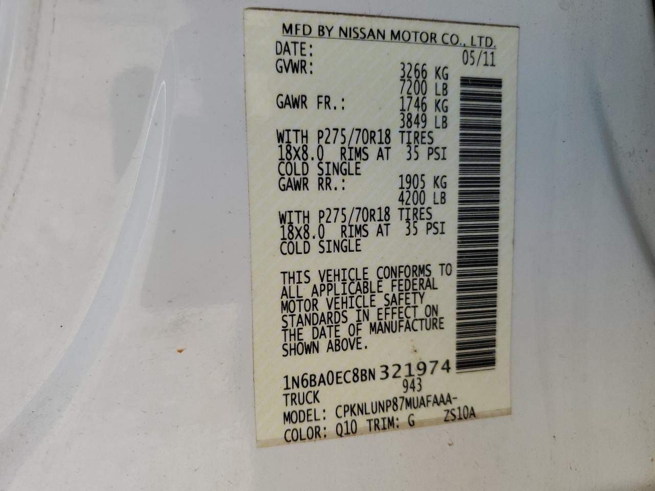 2011 Nissan Titan VIN 1N6BA0EC8BN321974 Copart auction photo, front end / minor dent/scratches damage thumbnail 12