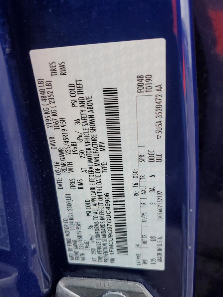 2016 Ford Escape VIN 1FMCU9G97GUC49906 Copart auction photo, rear end / side damage thumbnail 14