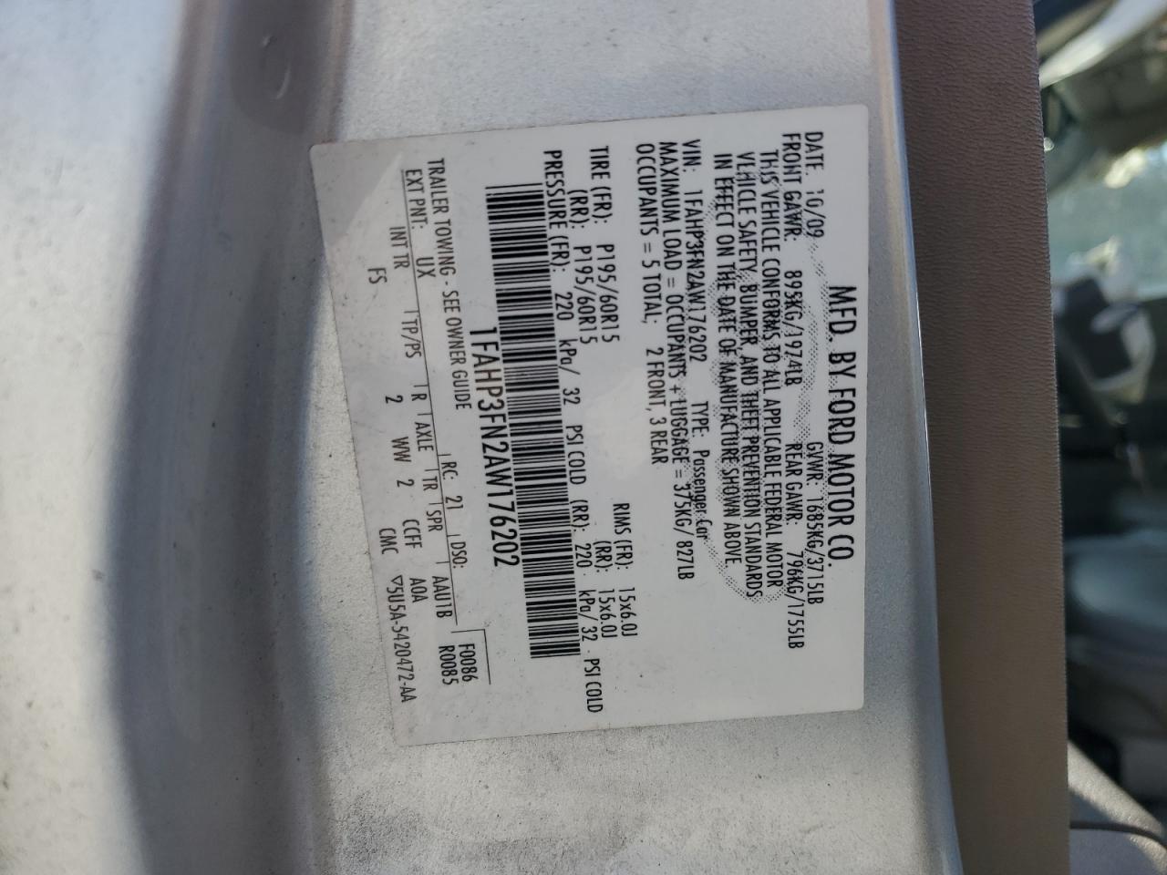 2010 Ford Focus VIN 1FAHP3FN2AW176202 Copart auction photo, front end / side damage thumbnail 14