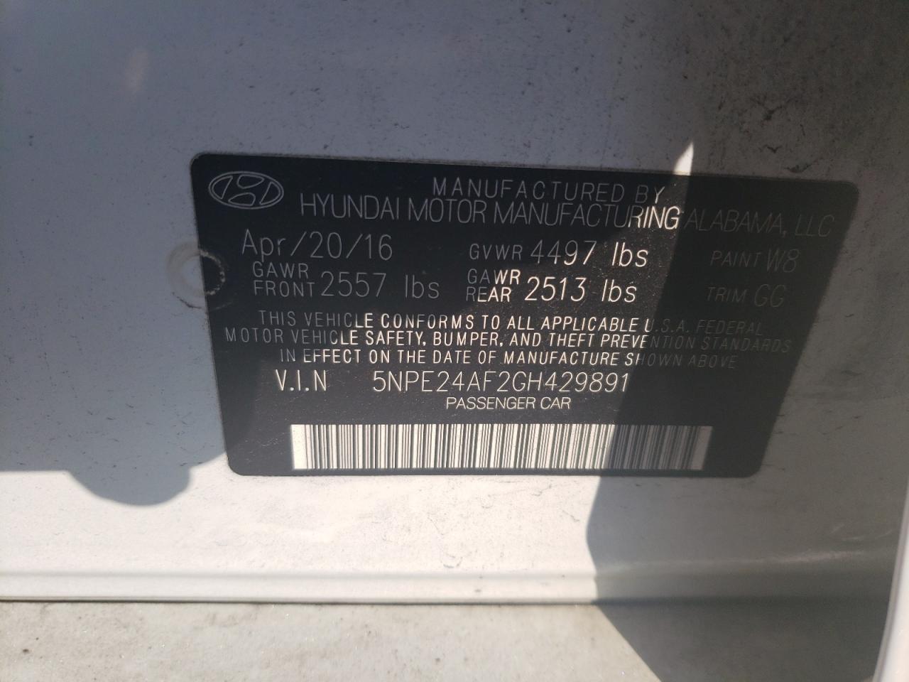 2016 Hyundai Sonata VIN 5NPE24AF2GH429891 Copart auction photo, rear end damage thumbnail 12
