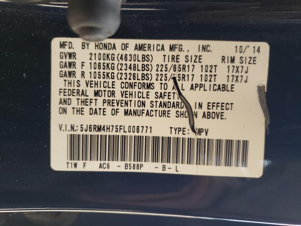 2015 Honda CR-V VIN 5J6RM4H75FL006771 Copart auction photo, front end / side damage thumbnail 13