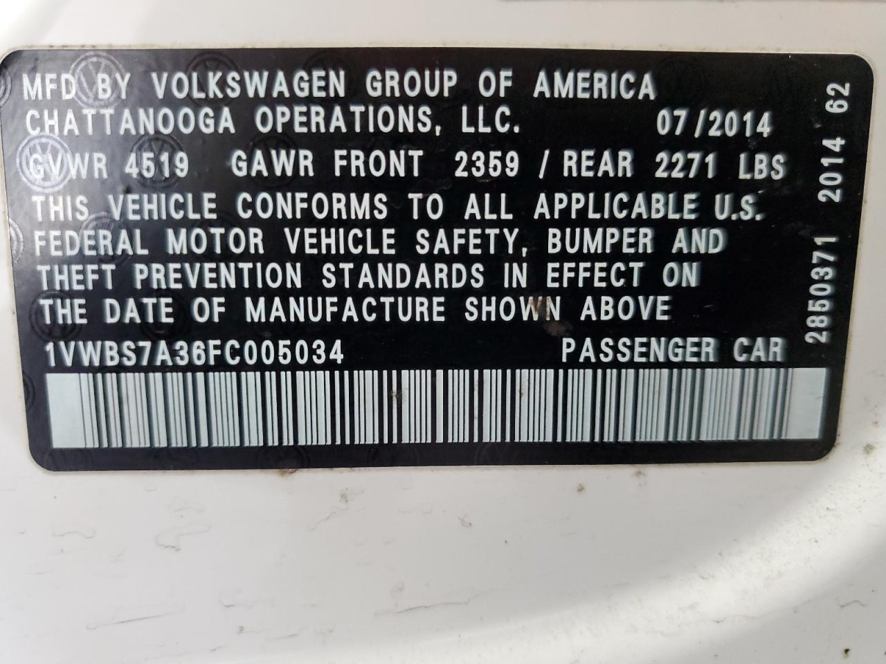 2015 Volkswagen Passat VIN 1VWBS7A36FC005034 Copart auction photo, front end damage thumbnail 14