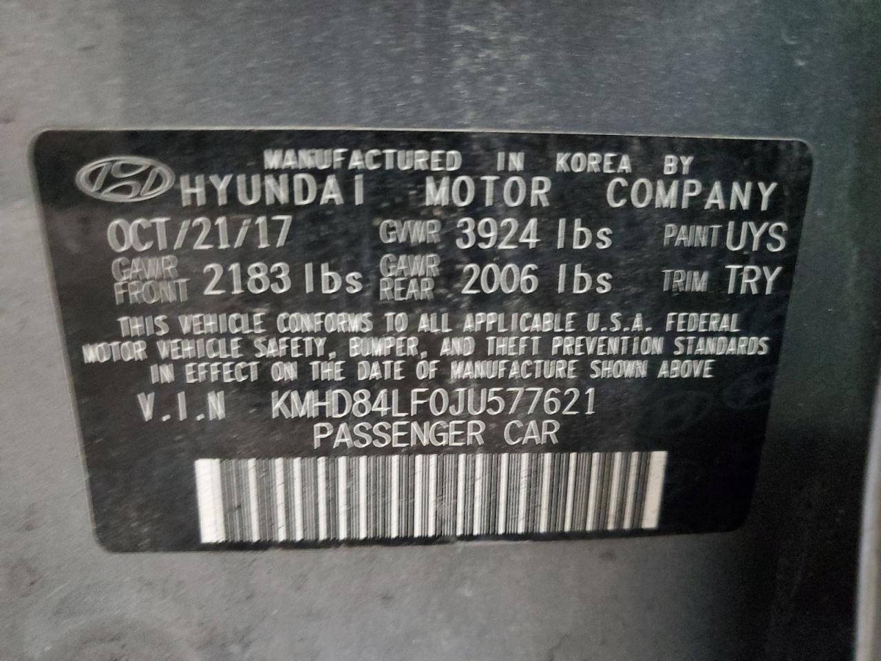 2018 Hyundai Elantra VIN KMHD84LF0JU577621 Copart auction photo, all over damage thumbnail 13