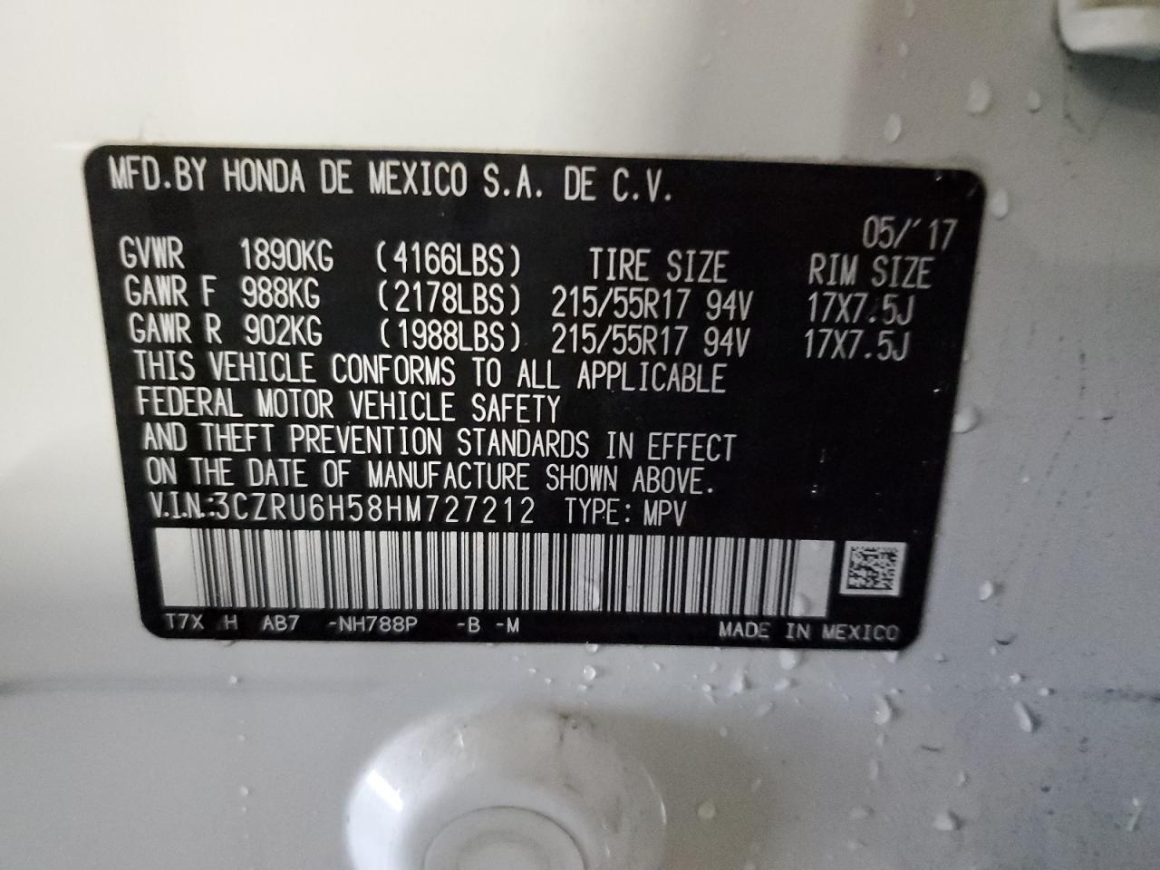 2017 Honda HR-V VIN 3CZRU6H58HM727212 Copart auction photo, front end damage thumbnail 14
