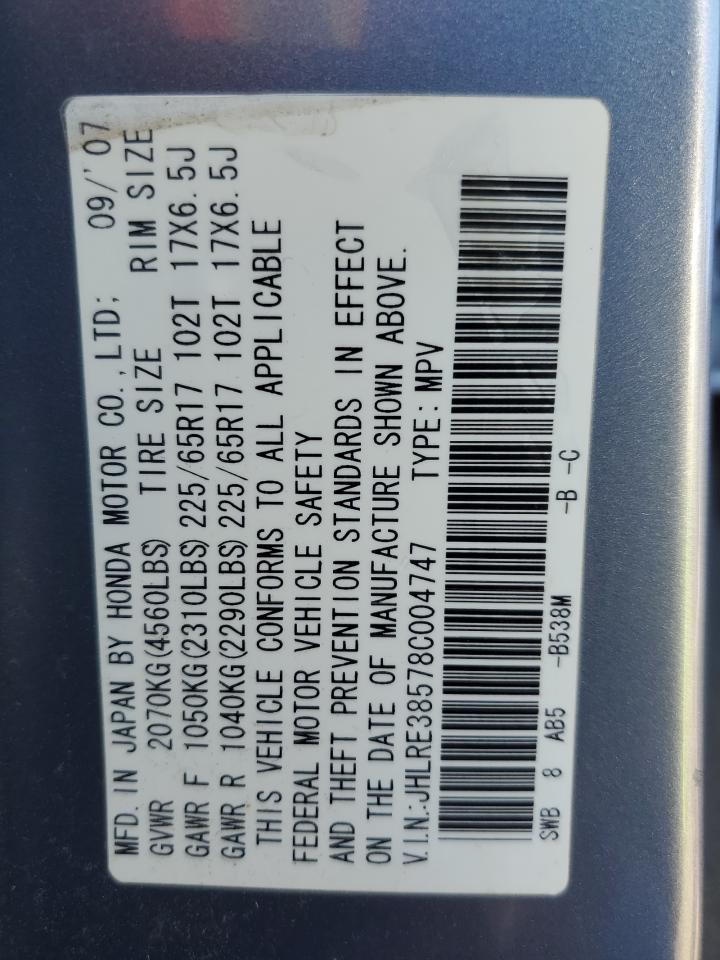 2008 Honda CR-V VIN JHLRE38578C004747 Copart auction photo, front end damage thumbnail 13