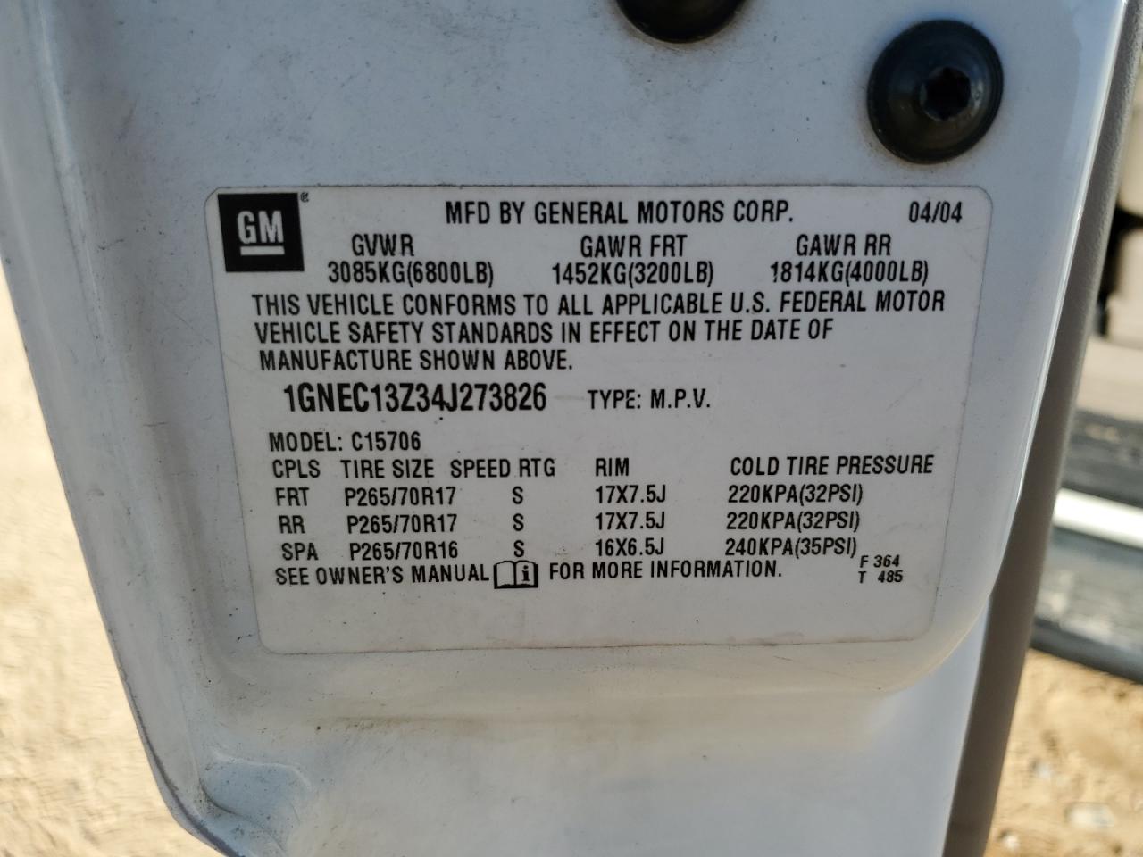 2004 Chevrolet Tahoe VIN 1GNEC13Z34J273826 Copart auction photo, front end damage thumbnail 13