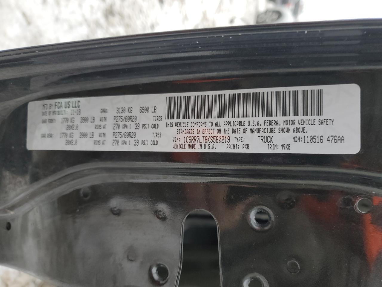 2019 RAM 1500 VIN 1C6RR7LT8KS580219 Copart auction photo, front end / stripped damage thumbnail 13