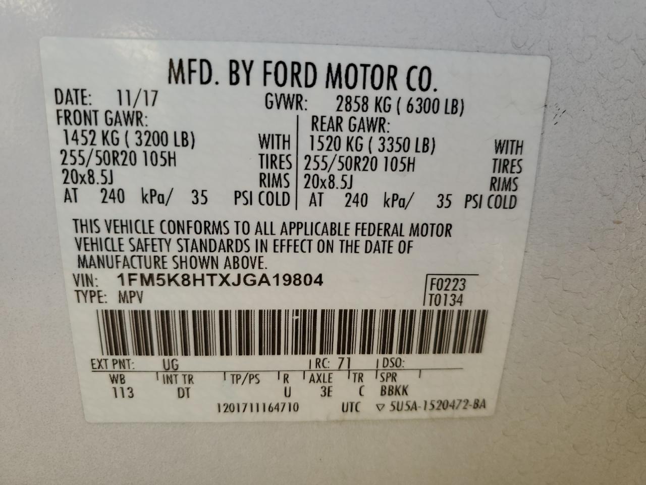 2018 Ford Explorer VIN 1FM5K8HTXJGA19804 Copart auction photo, rear end damage thumbnail 13