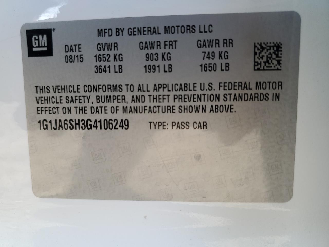 2016 Chevrolet Sonic VIN 1G1JA6SH3G4106249 Copart auction photo, front end damage thumbnail 14