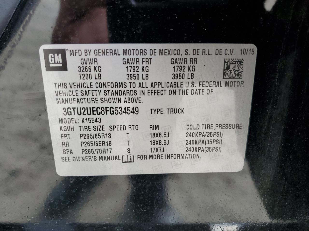 2015 GMC Sierra VIN 3GTU2UEC8FG534549 Copart auction photo, front end damage thumbnail 12