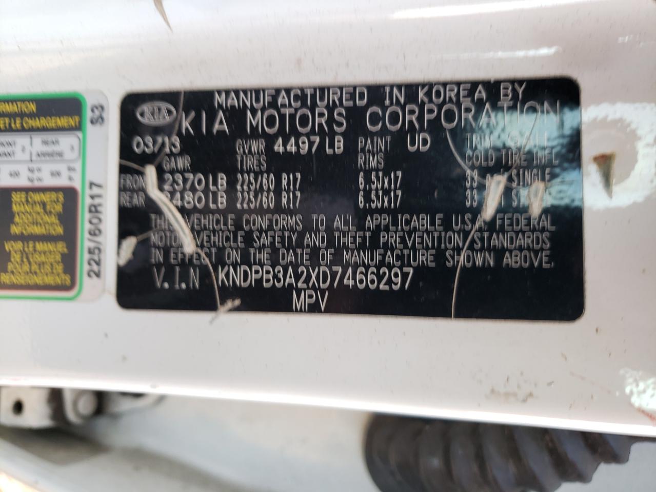 2013 KIA Sportage VIN KNDPB3A2XD7466297 Copart auction photo, hail damage thumbnail 14
