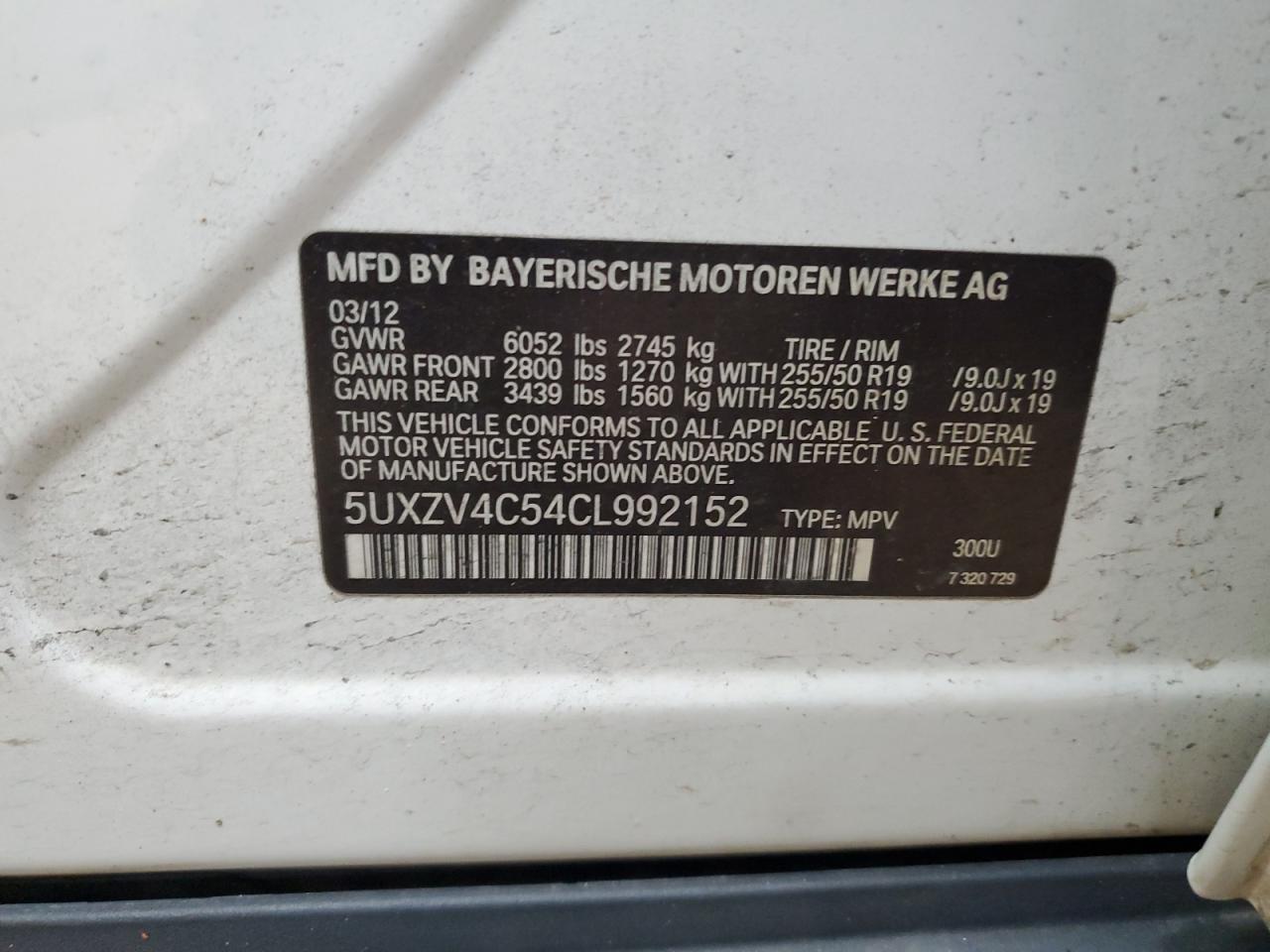 2012 BMW X5 VIN 5UXZV4C54CL992152 Copart auction photo, normal wear / minor dent/scratches damage thumbnail 13