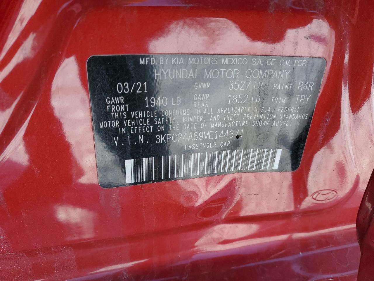 2021 Hyundai Accent VIN 3KPC24A69ME144371 Copart auction photo, side / stripped damage thumbnail 15