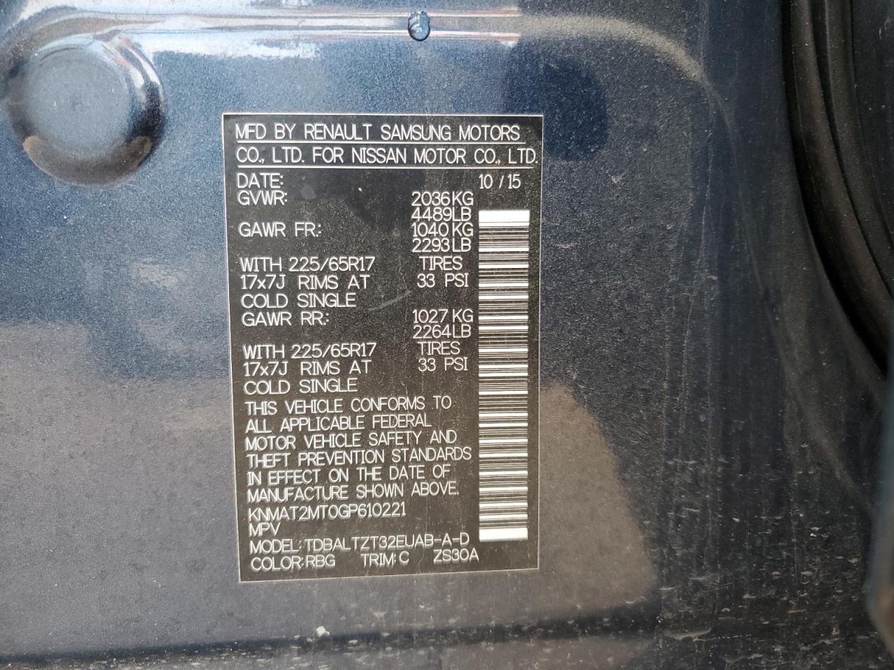 2016 Nissan Rogue VIN KNMAT2MT0GP610221 Copart auction photo, side / top/roof damage thumbnail 15