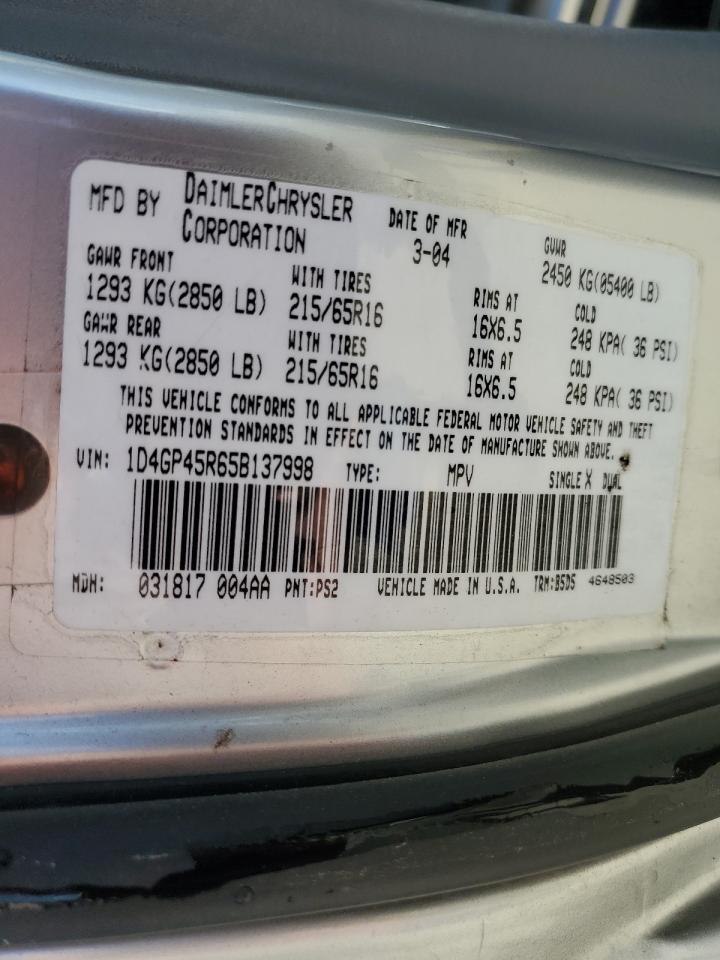 2005 Dodge Caravan VIN 1D4GP45R65B137998 Copart auction photo, front end damage thumbnail 13