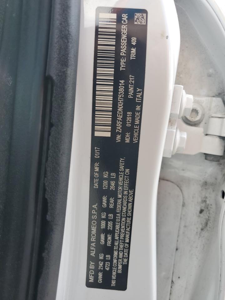 2017 Alfa Romeo Giulia VIN ZARFAEDNXH7538014 Copart auction photo, front end damage thumbnail 12