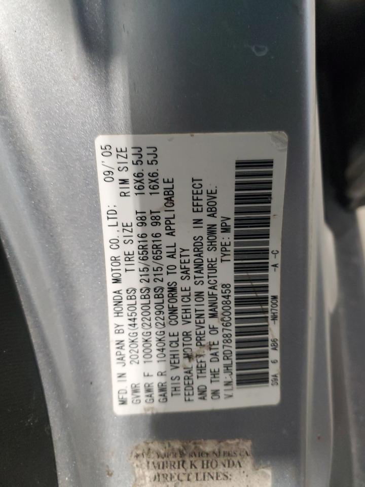 2006 Honda CR-V VIN JHLRD78876C008458 Copart auction photo, front end / minor dent/scratches damage thumbnail 14