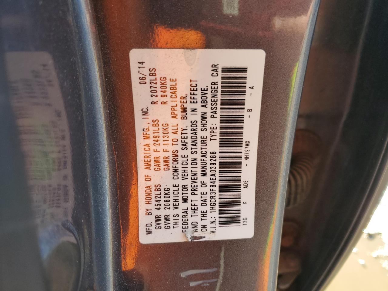 2014 Honda Accord VIN 1HGCR3F84EA039288 Copart auction photo, rear end / front end damage thumbnail 12