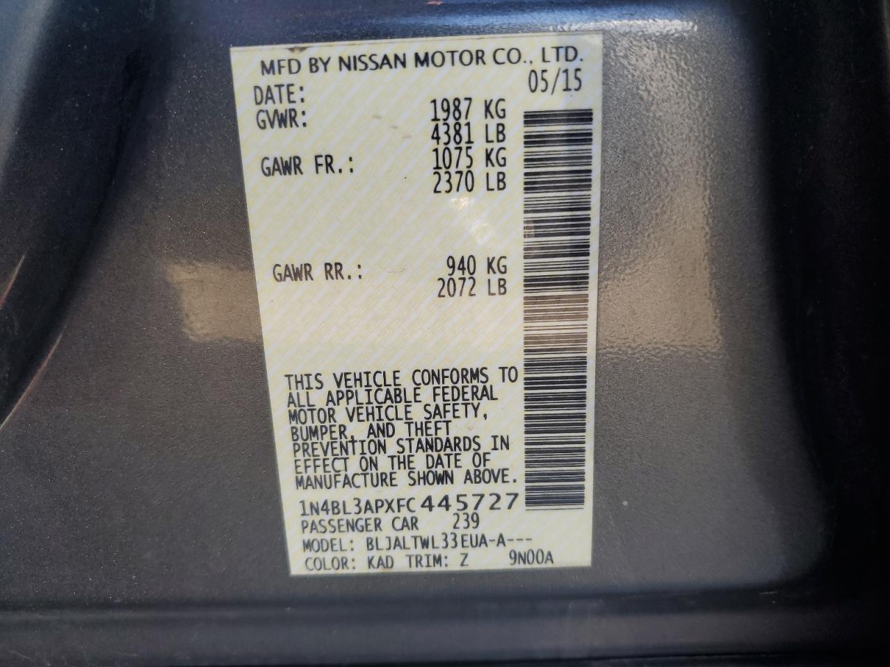 2015 Nissan Altima VIN 1N4BL3APXFC445727 Copart auction photo, front end damage thumbnail 12