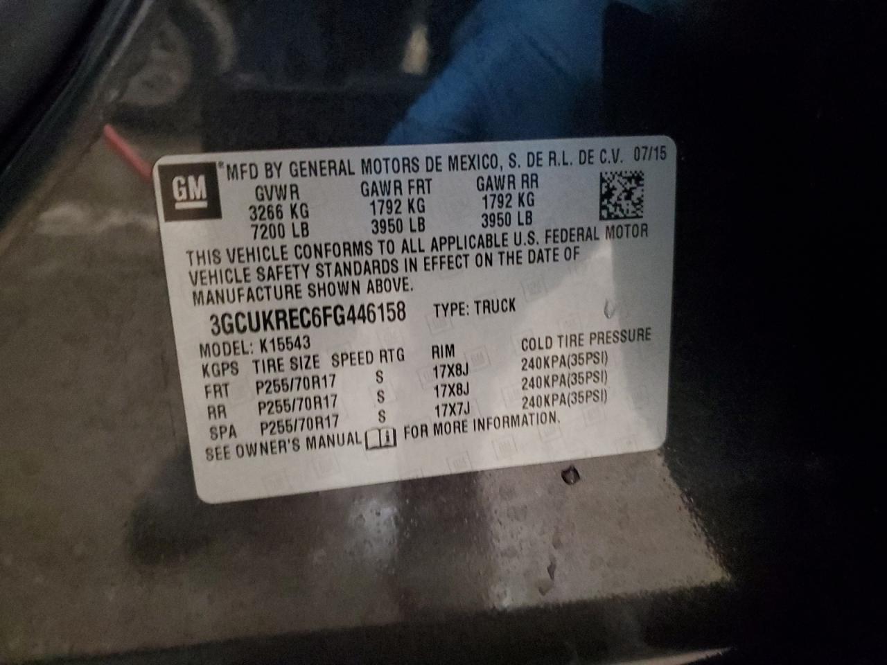 2015 Chevrolet Silverado VIN 3GCUKREC6FG446158 Copart auction photo, top/roof damage thumbnail 12