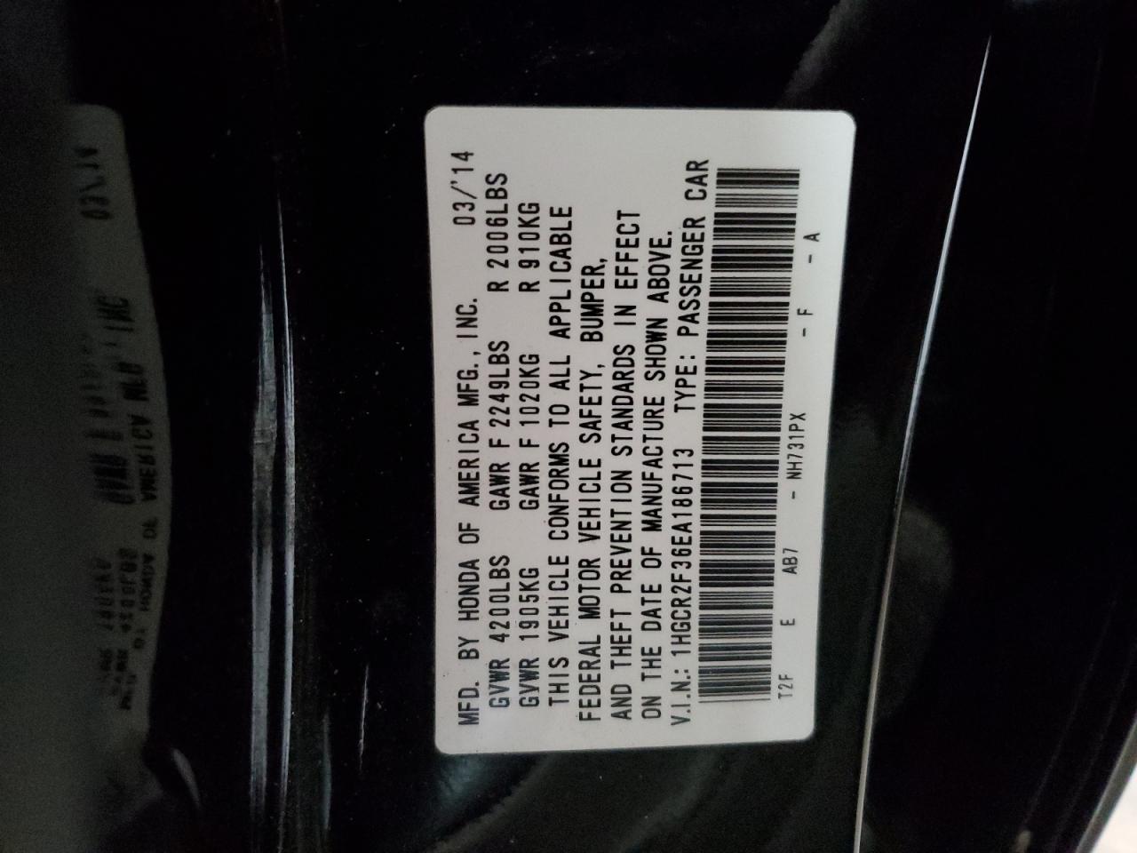 2014 Honda Accord VIN 1HGCR2F36EA186713 Copart auction photo, front end / rear end damage thumbnail 13