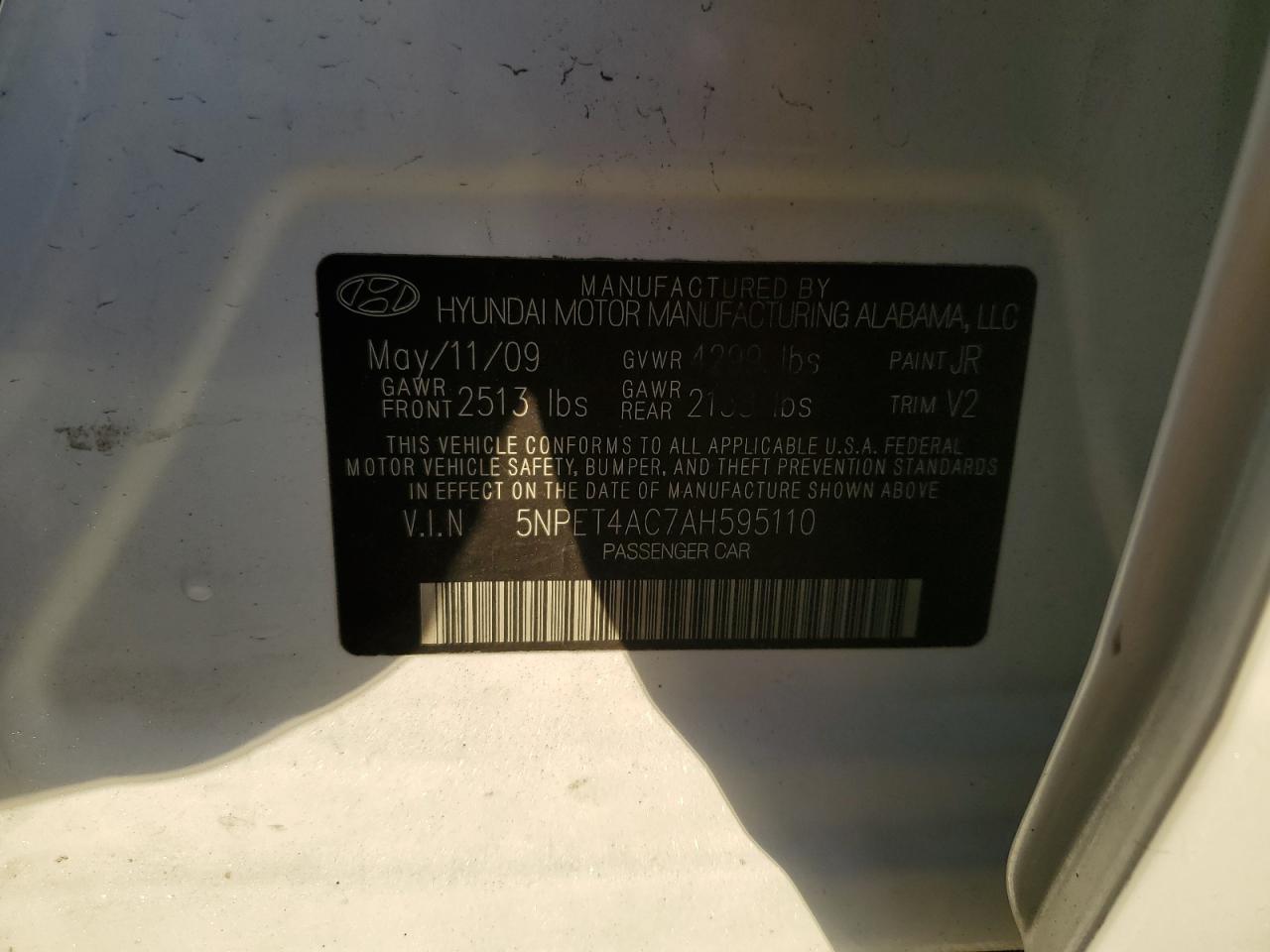 2010 Hyundai Sonata VIN 5NPET4AC7AH595110 Copart auction photo, rear end / front end damage thumbnail 12