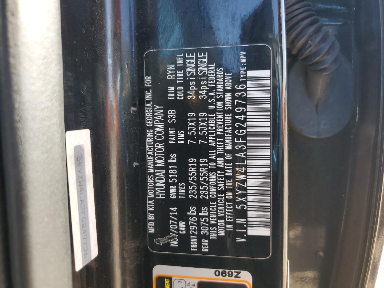 2015 Hyundai Santa Fe VIN 5XYZW4LA3FG249736 Copart auction photo, front end / side damage thumbnail 13