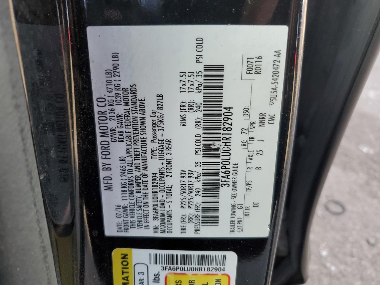 2017 Ford Fusion VIN 3FA6P0LU0HR182904 Copart auction photo, minor dent/scratches damage thumbnail 12