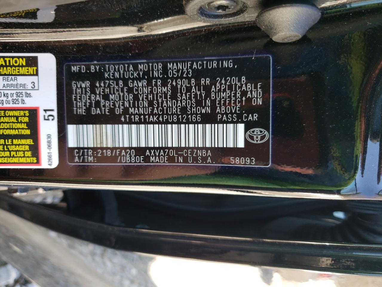 2023 Toyota Camry VIN 4T1R11AK4PU812166 Copart auction photo, front end / undercarriage damage thumbnail 14