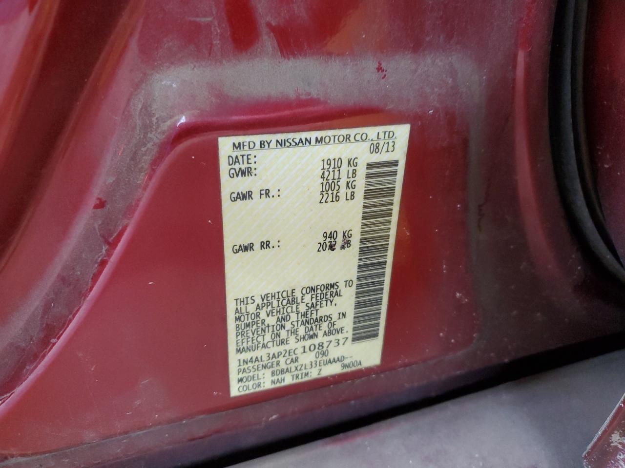 2014 Nissan Altima VIN 1N4AL3AP2EC108737 Copart auction photo, front end / water/flood damage thumbnail 12