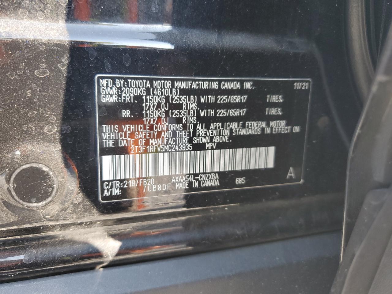2021 Toyota RAV 4 VIN 2T3F1RFV5MC243935 Copart auction photo, front end damage thumbnail 13