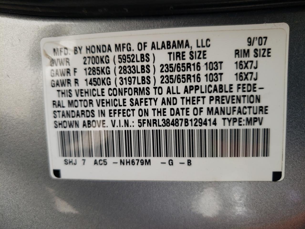2007 Honda Odyssey VIN 5FNRL38487B129414 Copart auction photo, front end / minor dent/scratches damage thumbnail 13