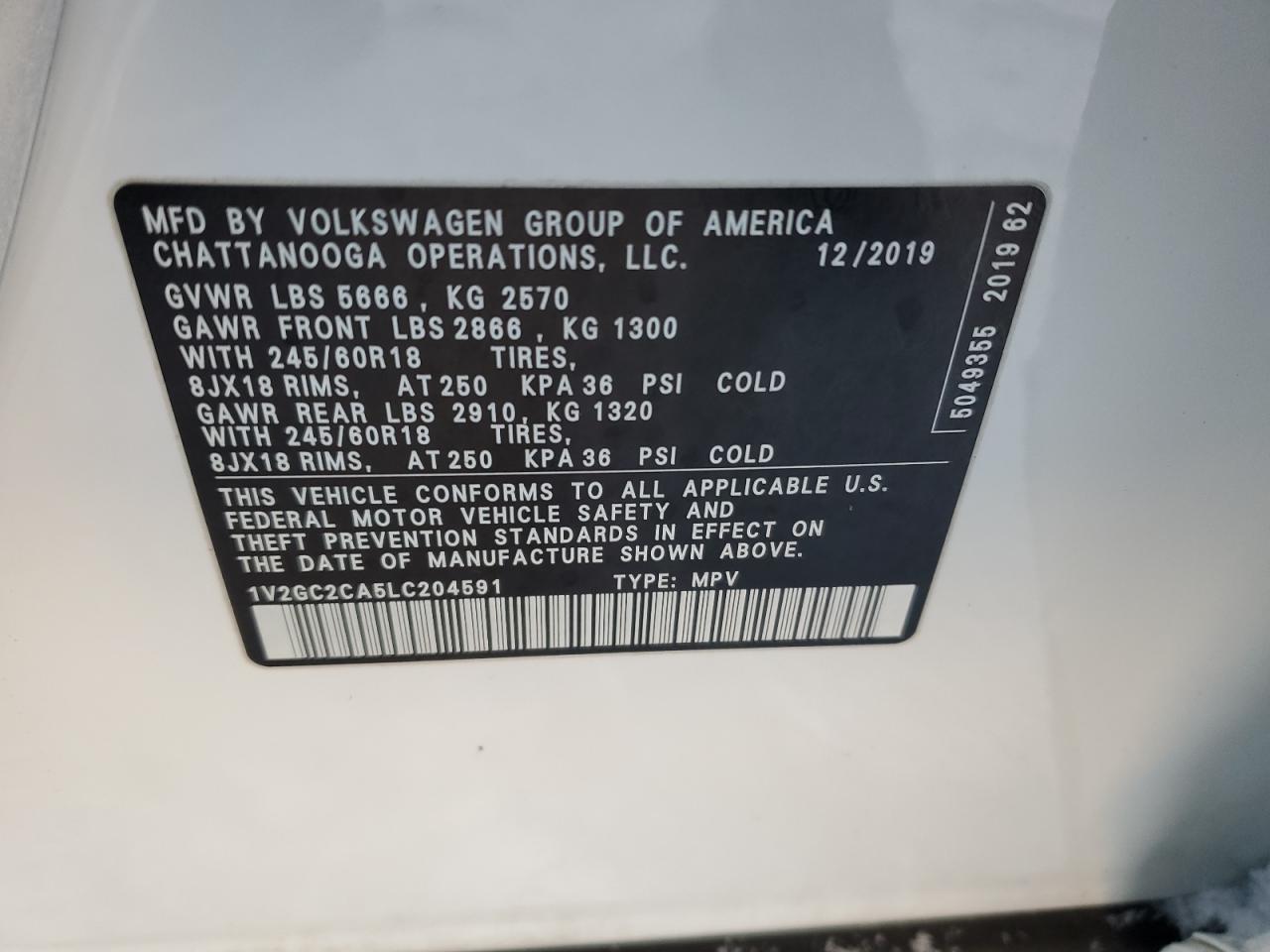 2020 Volkswagen Atlas VIN 1V2GC2CA5LC204591 Copart auction photo, front end / side damage thumbnail 14