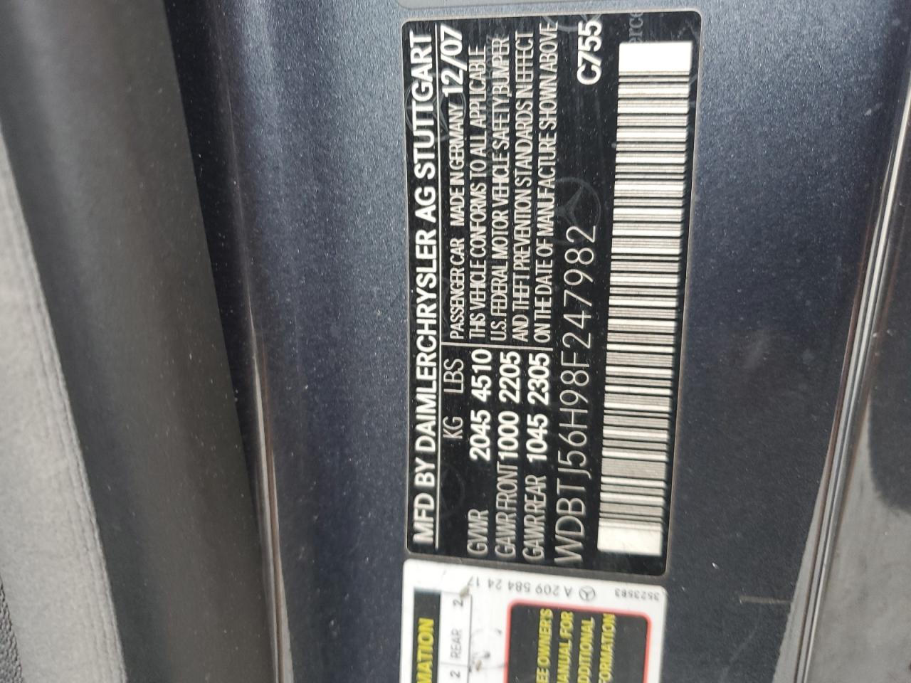 2008 Mercedes-Benz CLK-klasse VIN WDBTJ56H98F247982 Copart auction photo, front end damage thumbnail 14