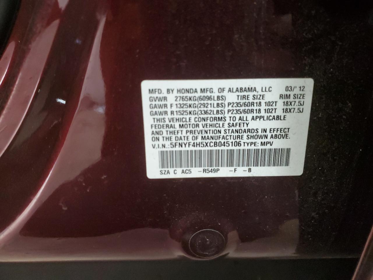 2012 Honda Pilot VIN 5FNYF4H5XCB045106 Copart auction photo, side damage thumbnail 13