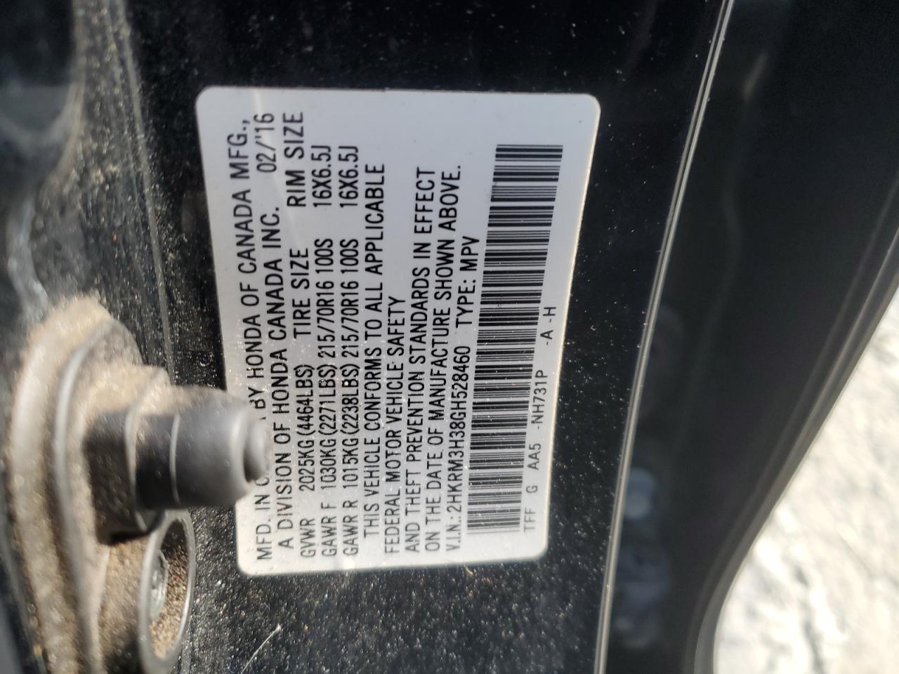 2016 Honda CR-V VIN 2HKRM3H38GH528460 Copart auction photo, rear end damage thumbnail 12