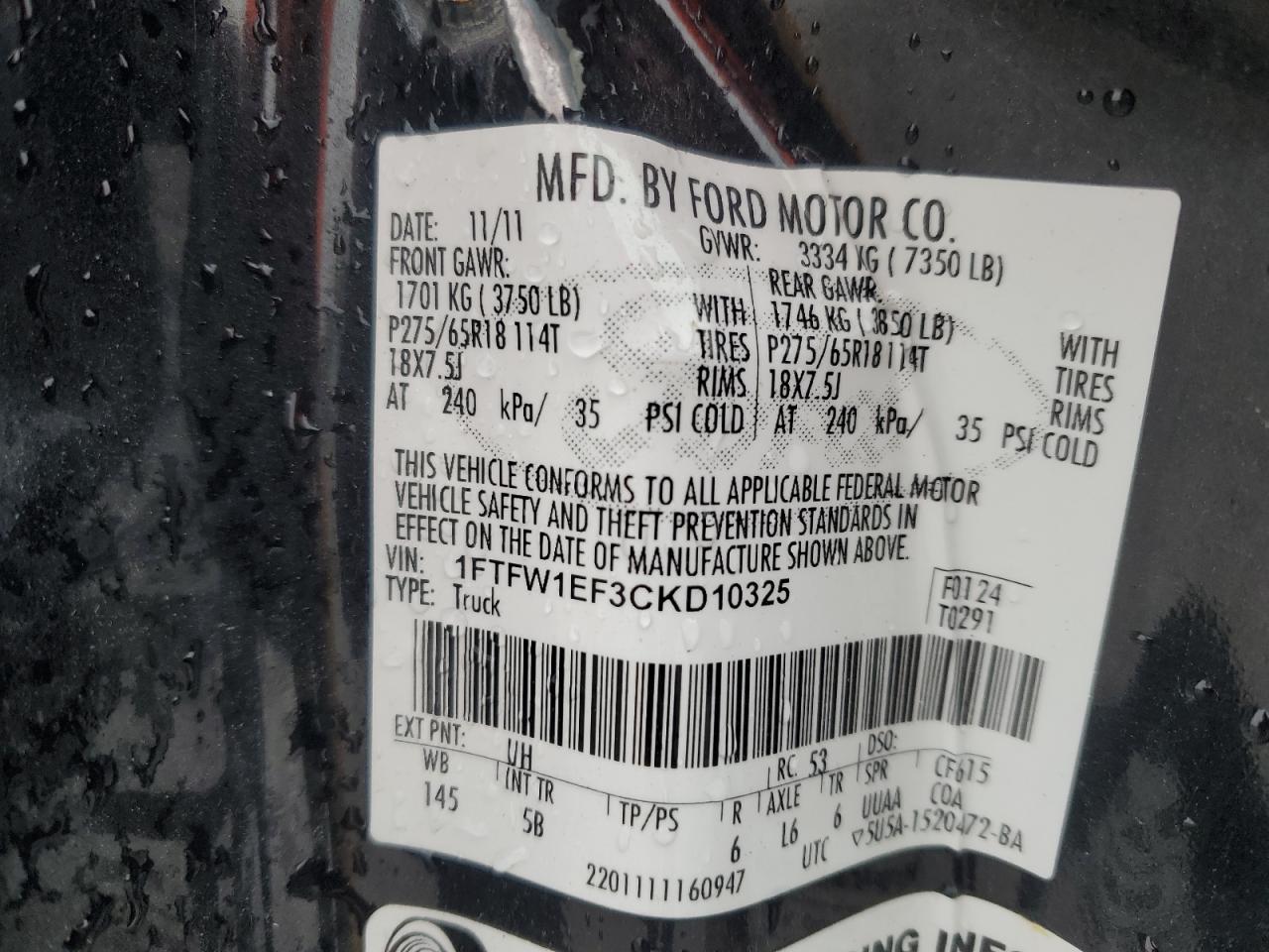 2012 Ford F-150 VIN 1FTFW1EF3CKD10325 Copart auction photo, side damage thumbnail 12