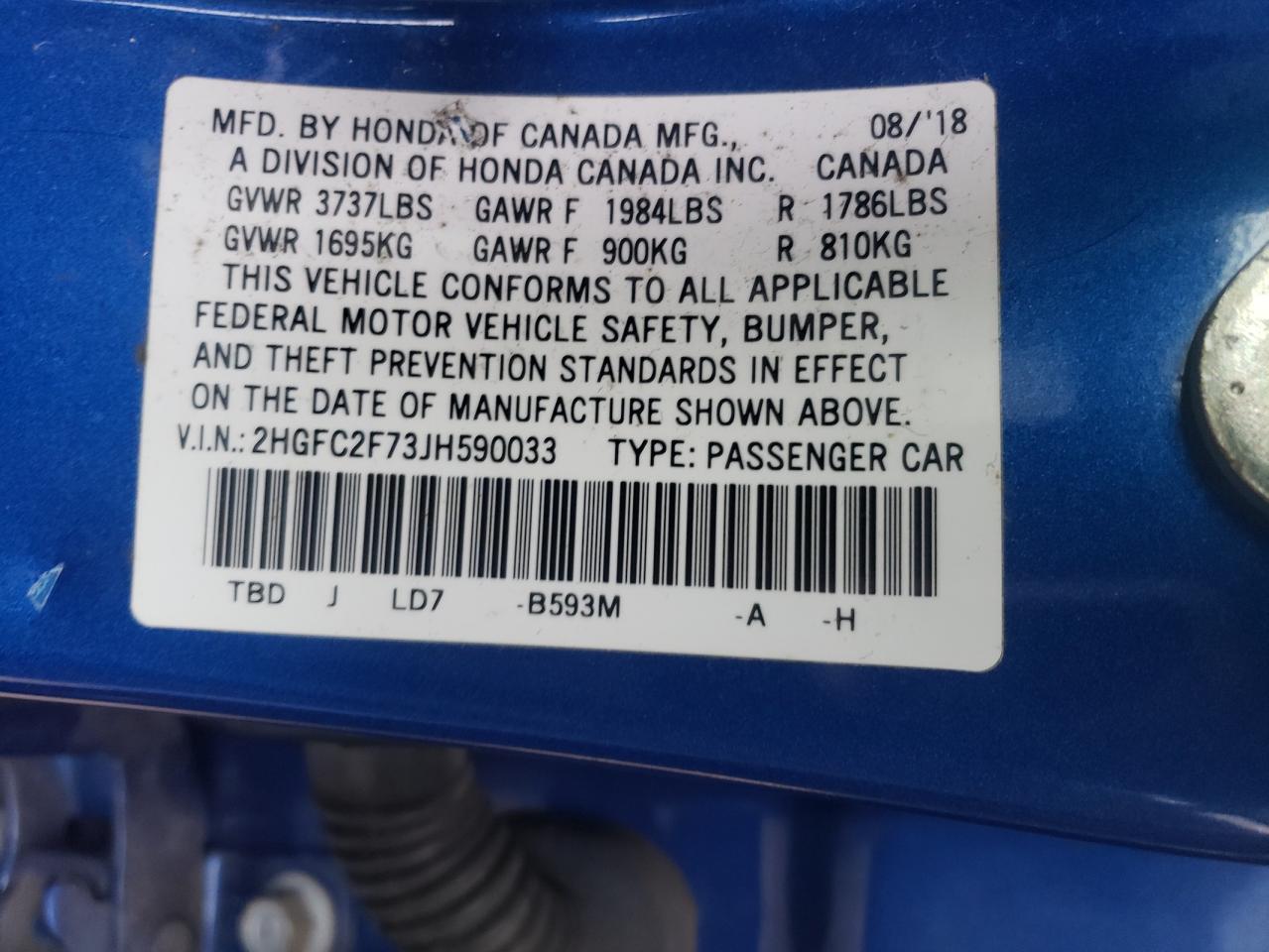2018 Honda Civic VIN 2HGFC2F73JH590033 Copart auction photo, undercarriage damage thumbnail 12