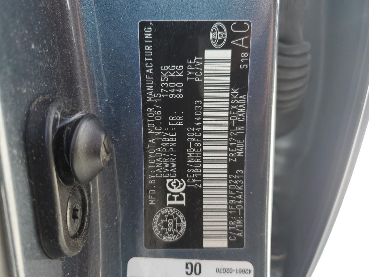 2015 Toyota Corolla VIN 2T1BURHE8FC444033 Copart auction photo, front end / undercarriage damage thumbnail 13