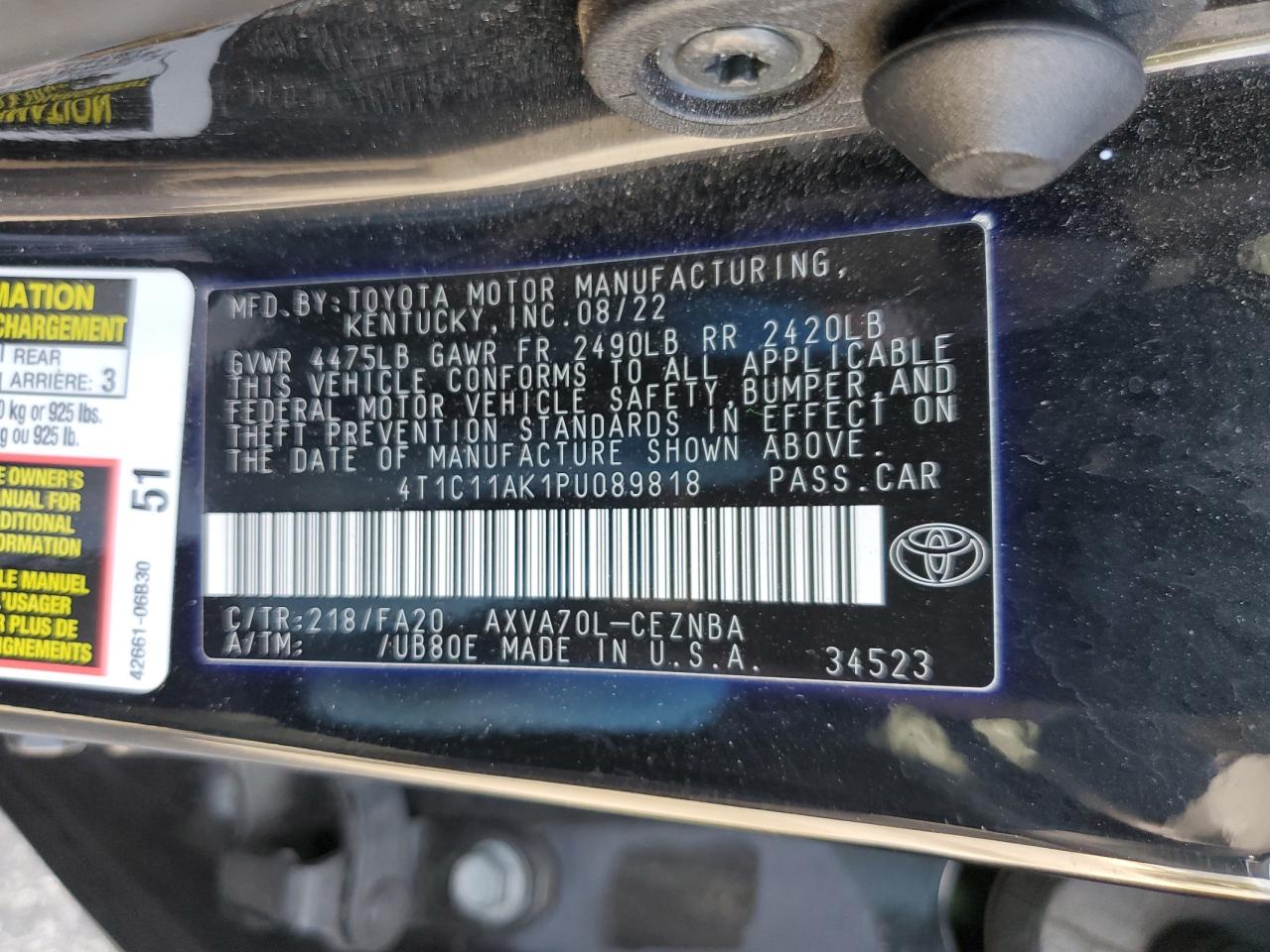 2023 Toyota Camry VIN 4T1C11AK1PU089818 Copart auction photo, front end damage thumbnail 14
