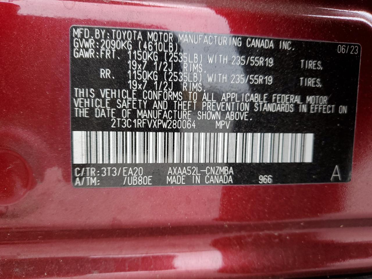 2023 Toyota RAV 4 VIN 2T3C1RFVXPW280064 Copart auction photo, front end / side damage thumbnail 16