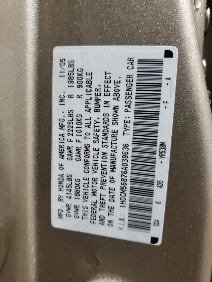 2006 Honda Accord VIN 1HGCM56876A039636 Copart auction photo, rear end damage thumbnail 13