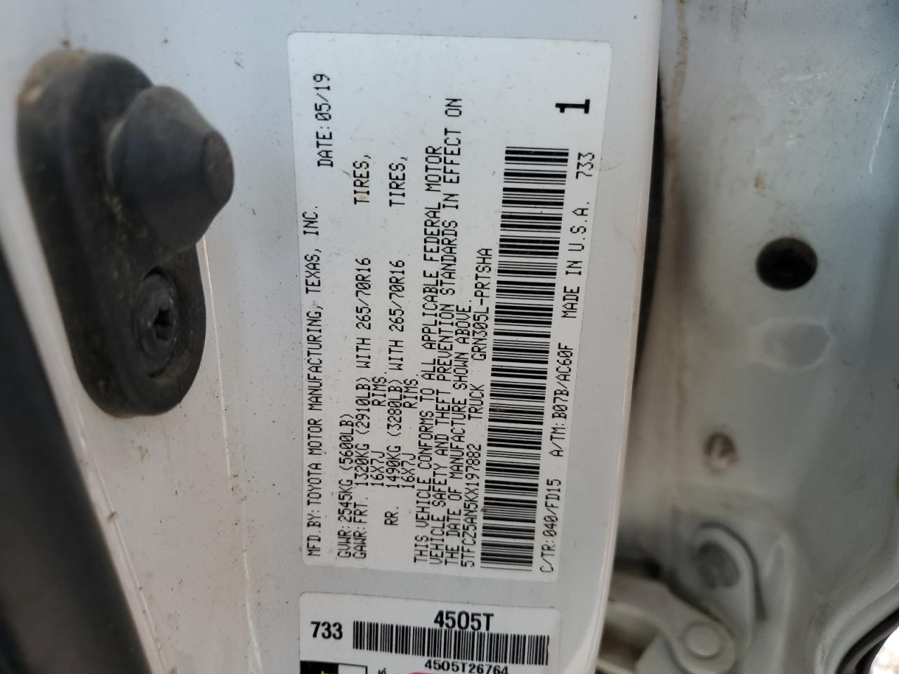 2019 Toyota Tacoma VIN 5TFCZ5AN5KX197882 Copart auction photo, rollover damage thumbnail 12
